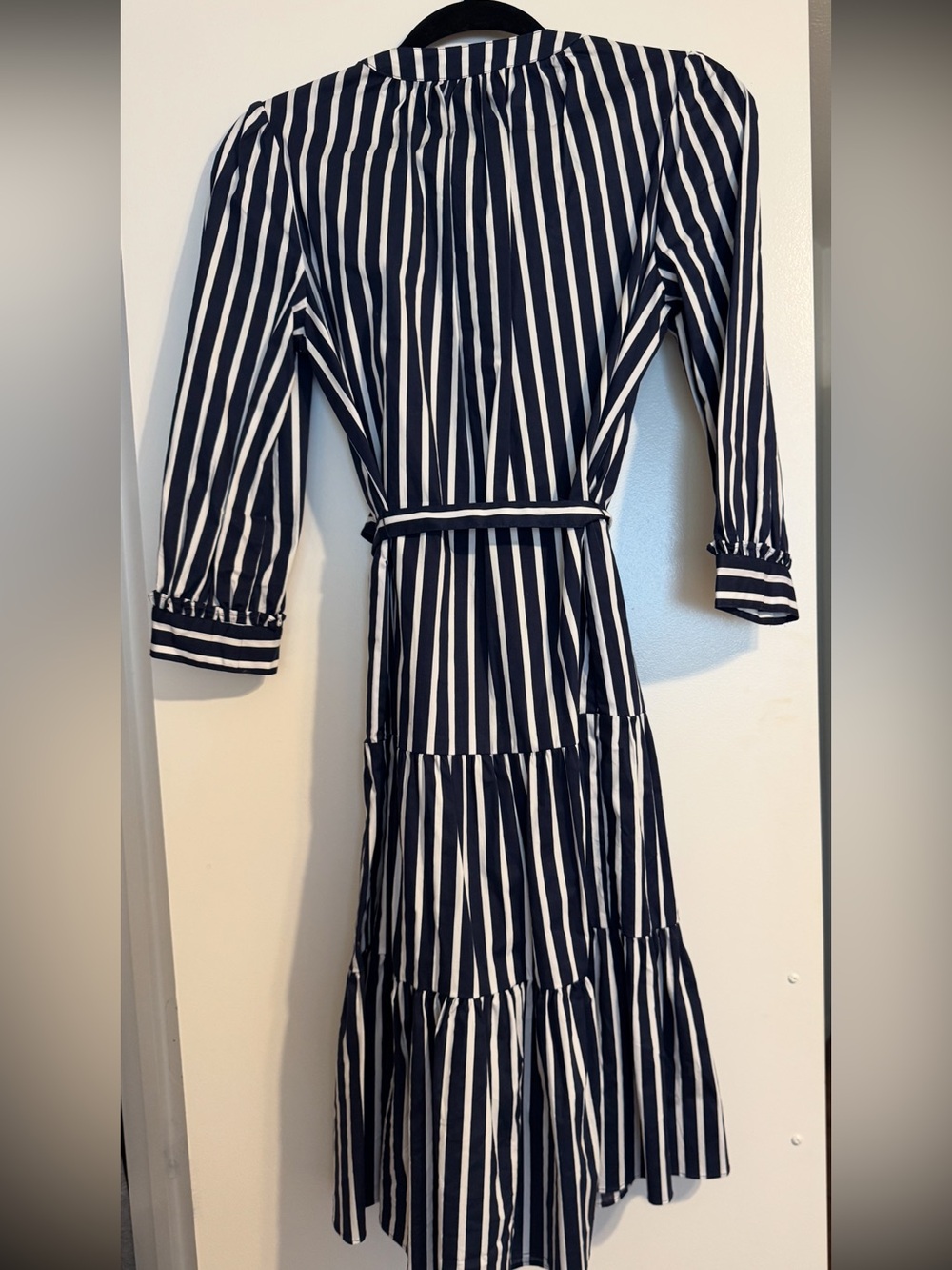 Draper James Navy and White Vertical Stripe Tiered Shirt Dress - Picture 4 of 6